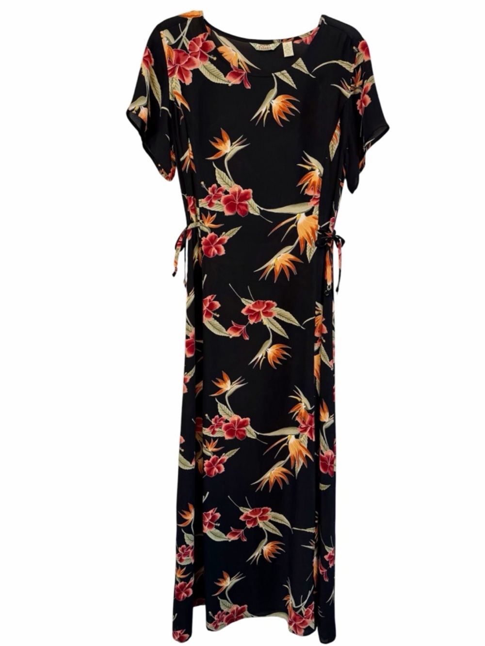 Vtg Tommy Bahama Silk Black & Orchid Floral Short Sleeve Maxi Dress Size Medium